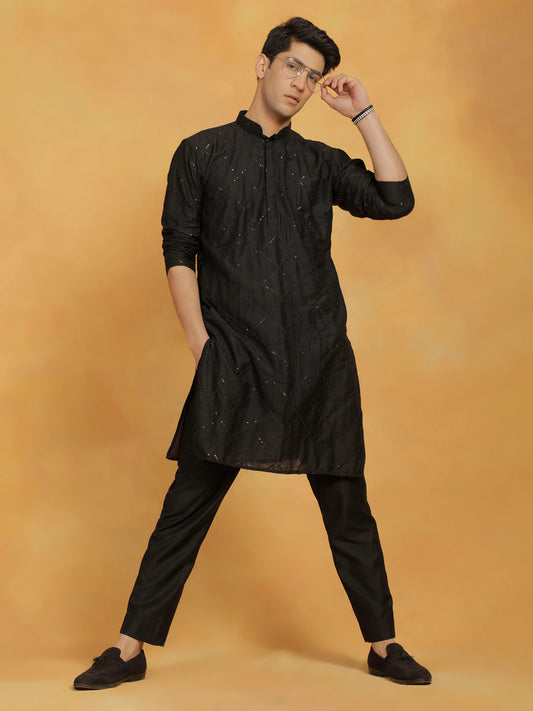 Men's Black Viscose Kurta And Pyjama Set