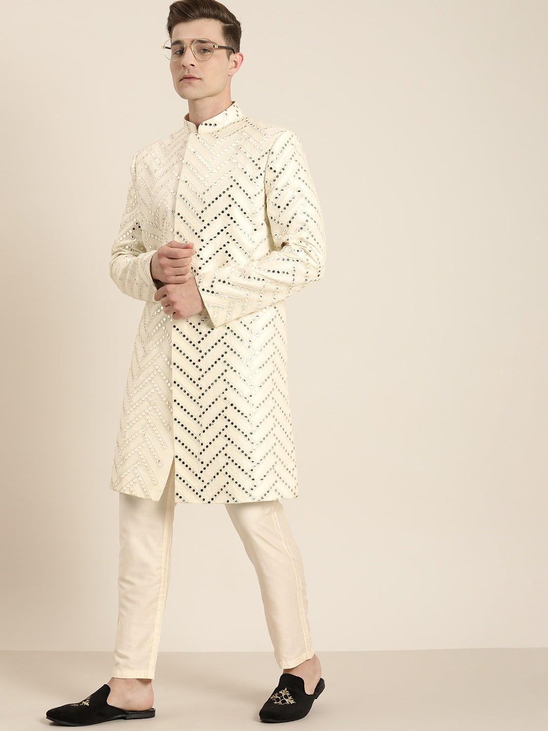 Men's Cream Silk Blend Sherwani Only Top