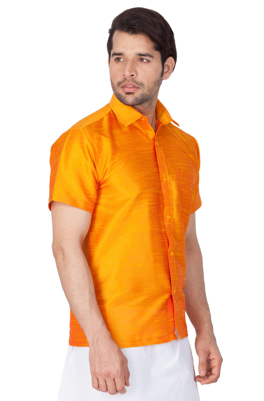 Men's Orange Silk Blend Ethnic Shirt