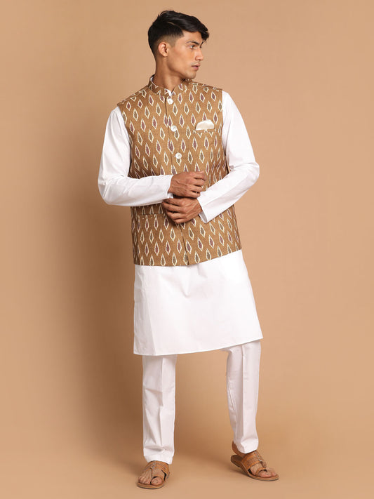 Men's Green And White Pure Cotton Jacket, Kurta and Pyjama Set