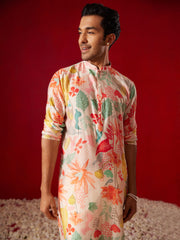 Men's Multi color Base Pink Cotton blend Kurta Pyjama Set