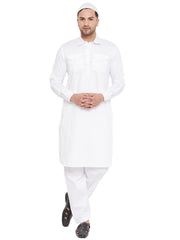 Men's White Cotton Blend Pathani Kurta Set