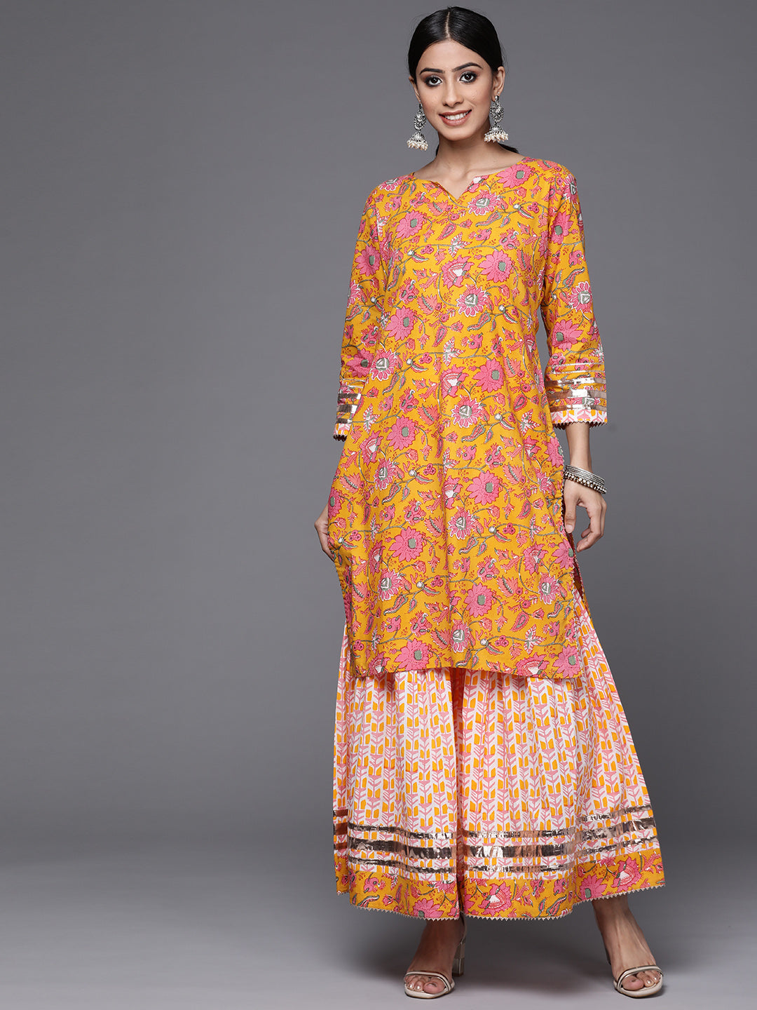 Yellow Straight Kurta With Elasticated Sharara Set.