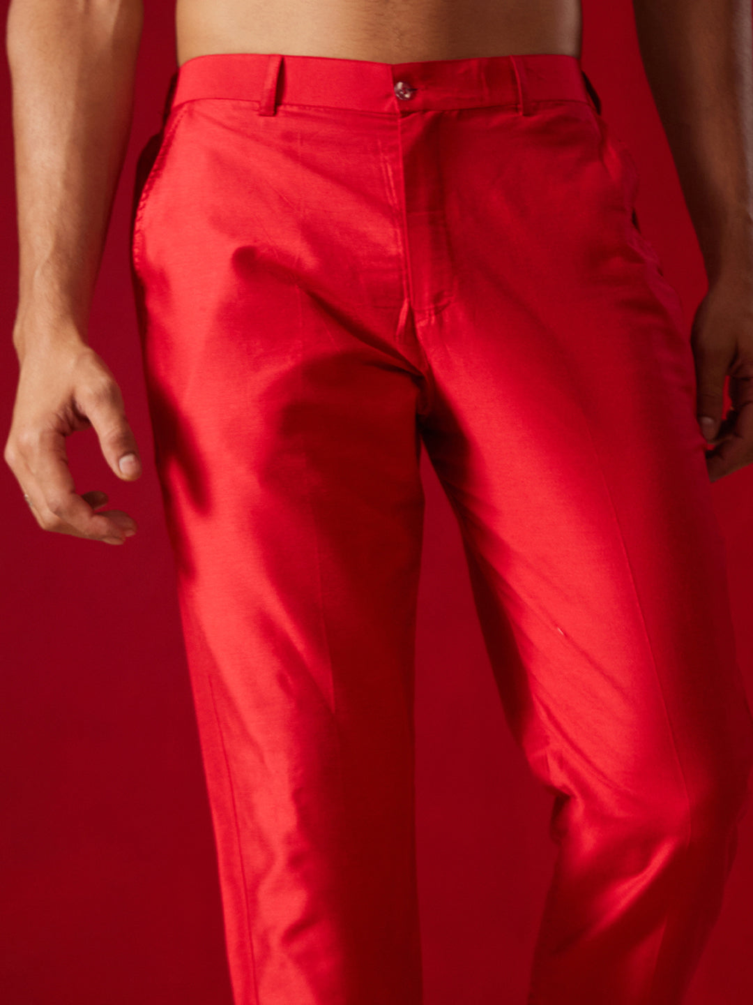 Men's Red Silk Blend Kurta Pyjama Set