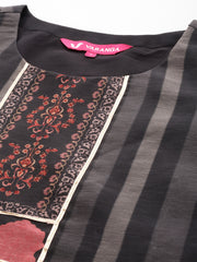 Women Black Ethnic Motifs Printed Straight Kurta Paired With Tonal Solid Bottom And Printed Dupatta