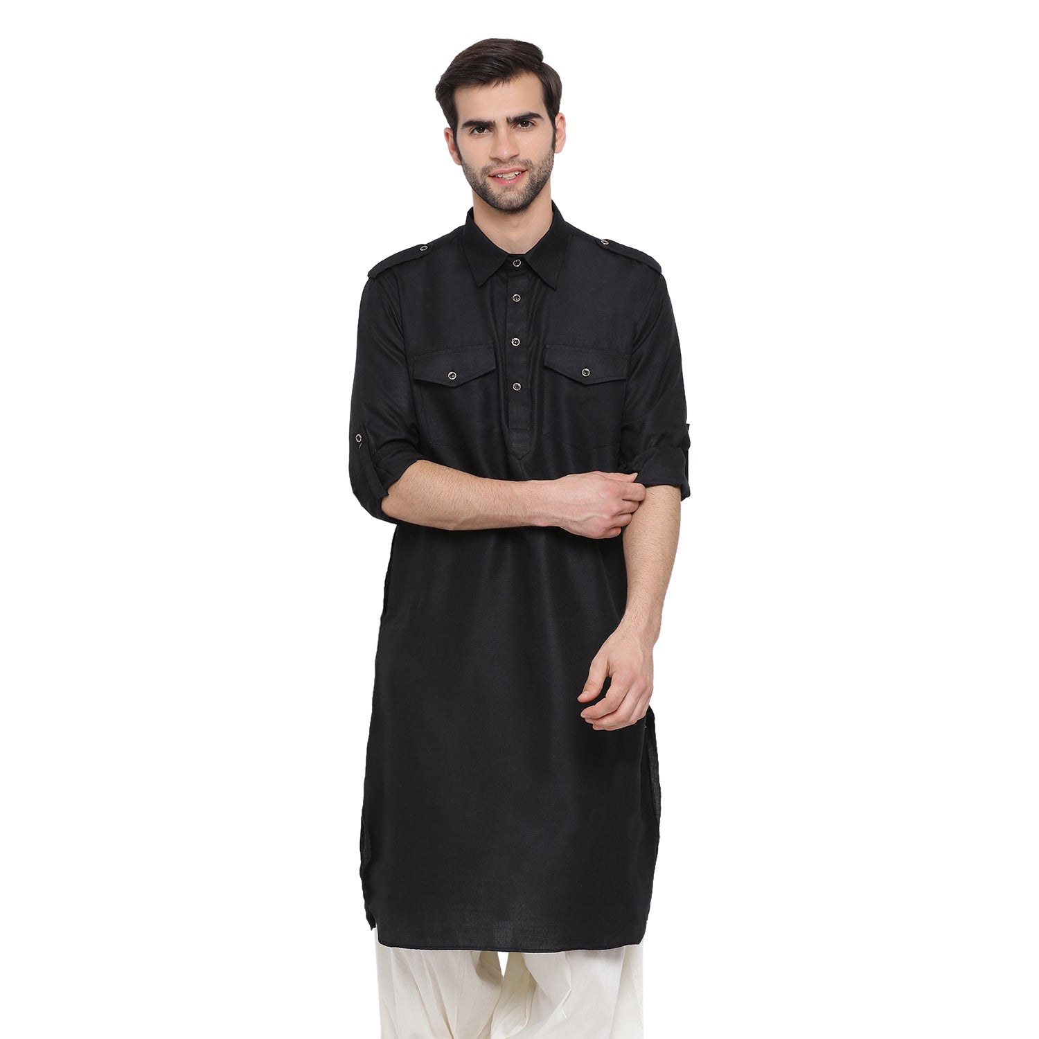 Men's Black Cotton Blend Pathani Kurta