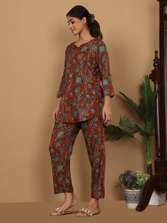 Women Rust  Floral Foil Printed Co-Ord Set