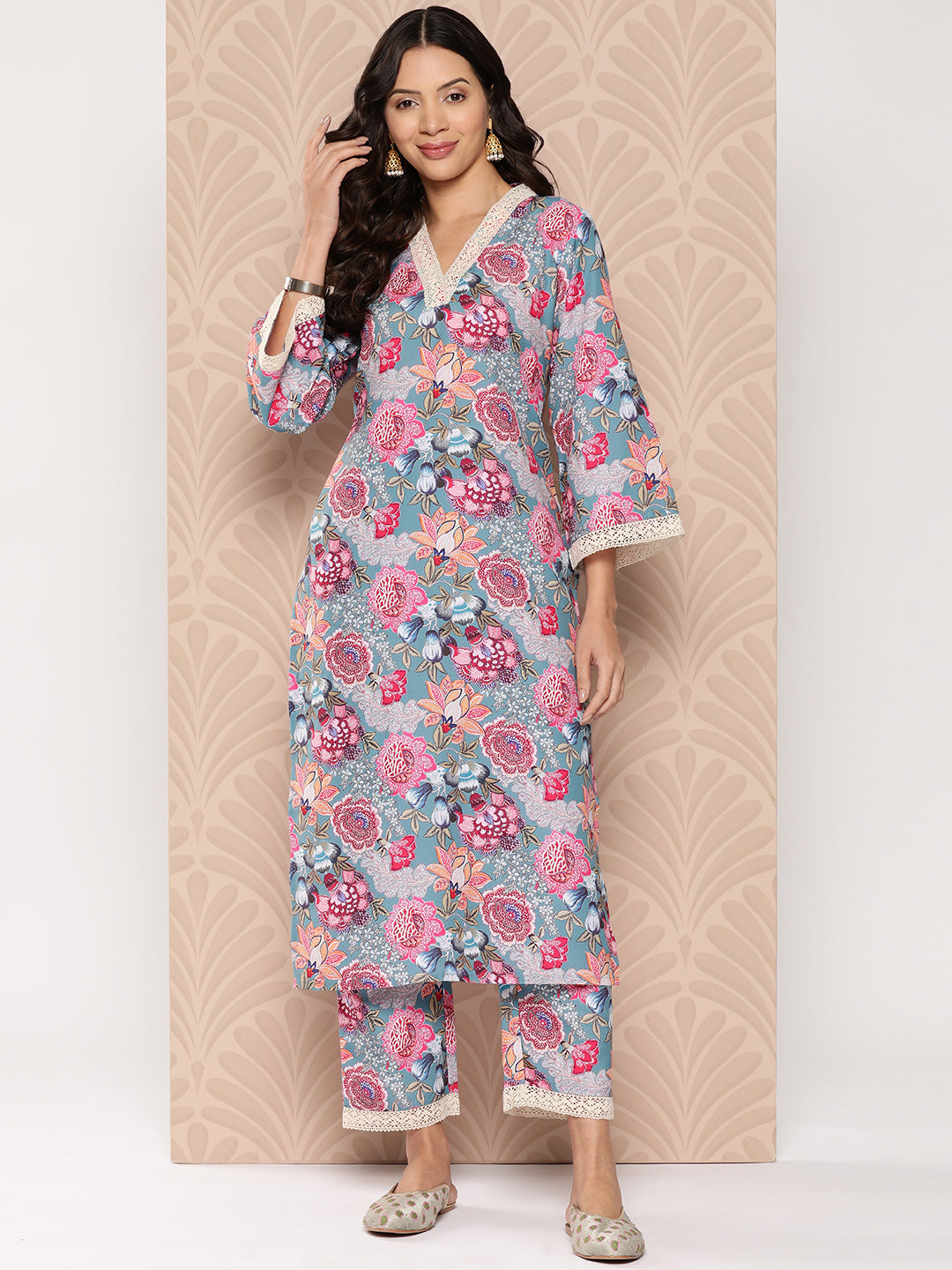 Kalini Women Blue Floral Printed V-Neck, Flared Sleeves Straight Kurta Paired With Tonal Printed Bottom