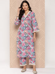 Kalini Women Blue Floral Printed V-Neck, Flared Sleeves Straight Kurta Paired With Tonal Printed Bottom