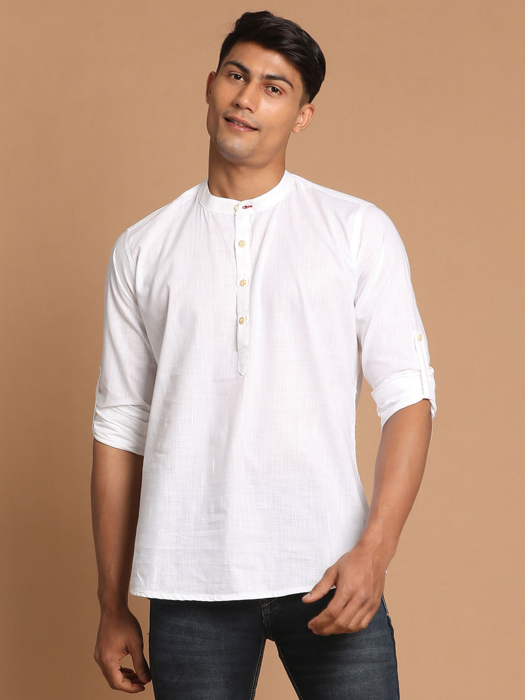 Men's White Cotton Blend Short Kurta