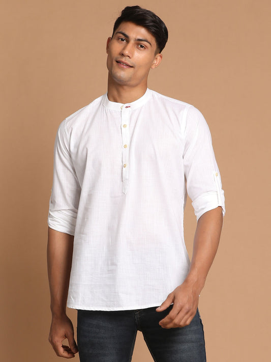 Men's White Cotton Blend Short Kurta