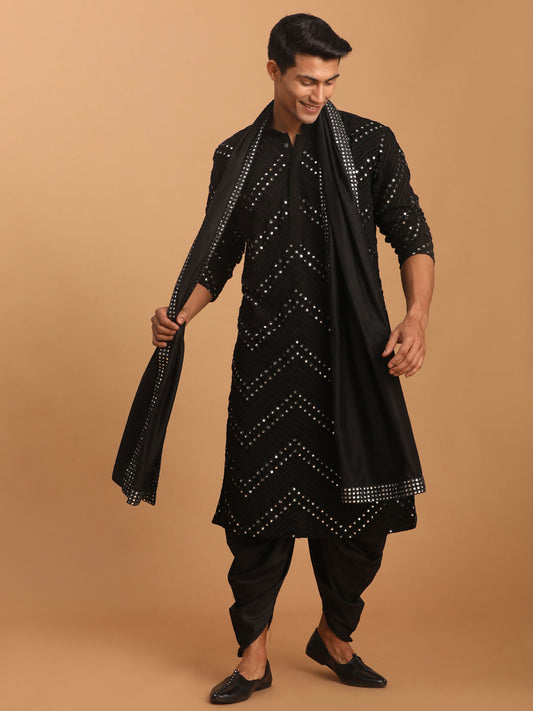 Men's Black Georgette Kurta and Dhoti Pant, Dupatta