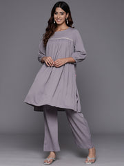 Women Grey Cotton Lace And Gather Detailed Co-Ord