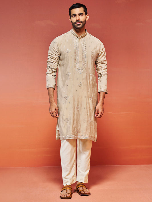 Men's Gray And Cream Silk Blend Kurta And Pyjama Set