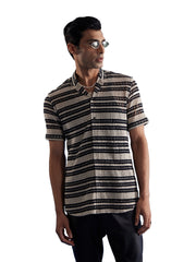 Men's Beige And Black Cotton Blend Ethnic Shirt