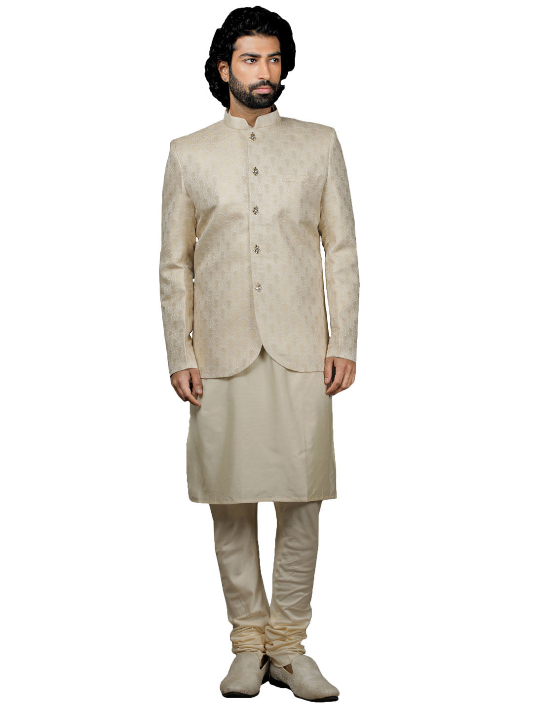 Men's Gold And Cream Viscose Jodhpuri, Kurta and Pyjama Set