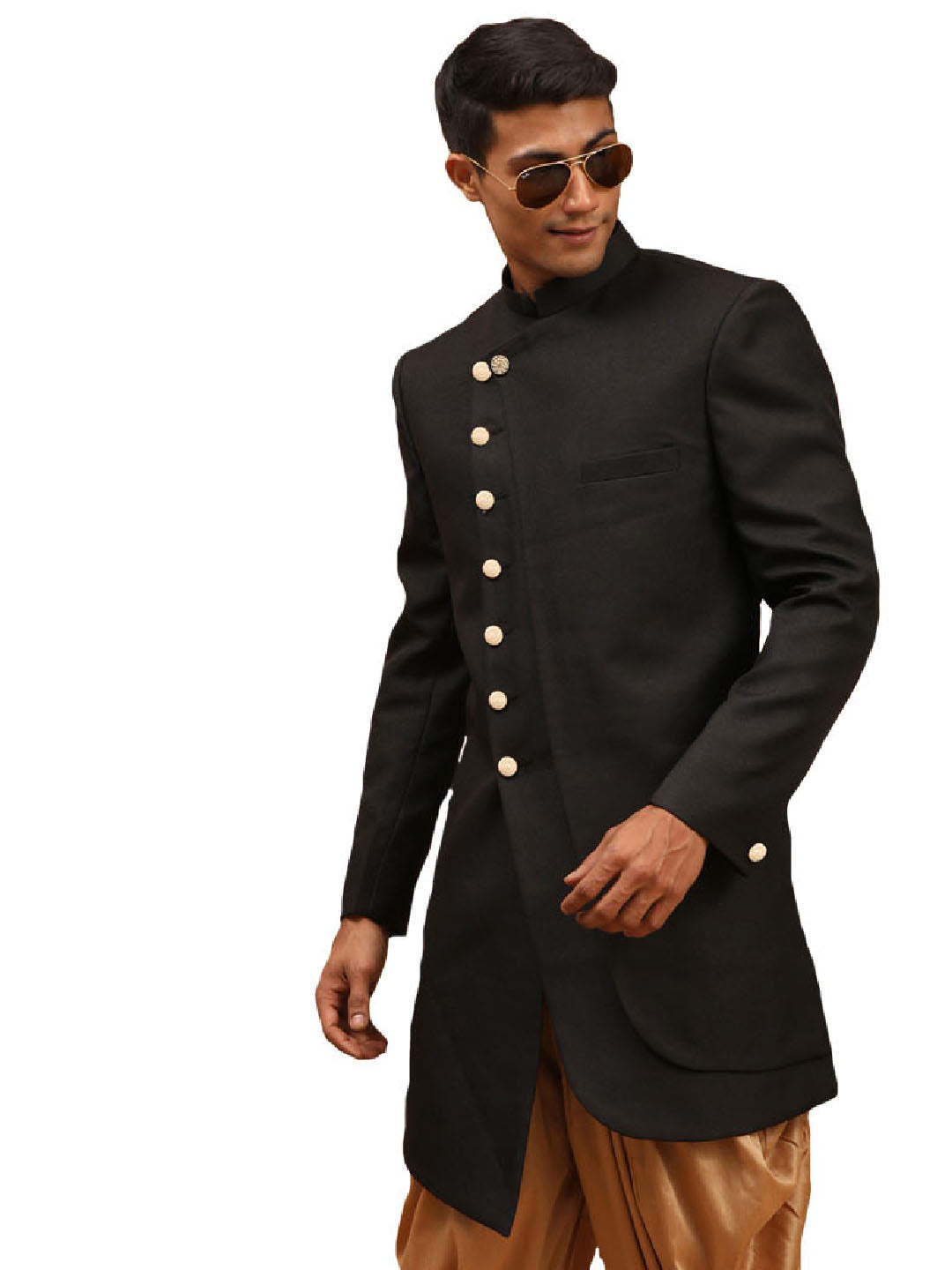 Men's Black Cotton Blend Sherwani Only Top