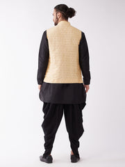 Men's Black And Gold Silk Blend Jacket, Kurta and Dhoti Set