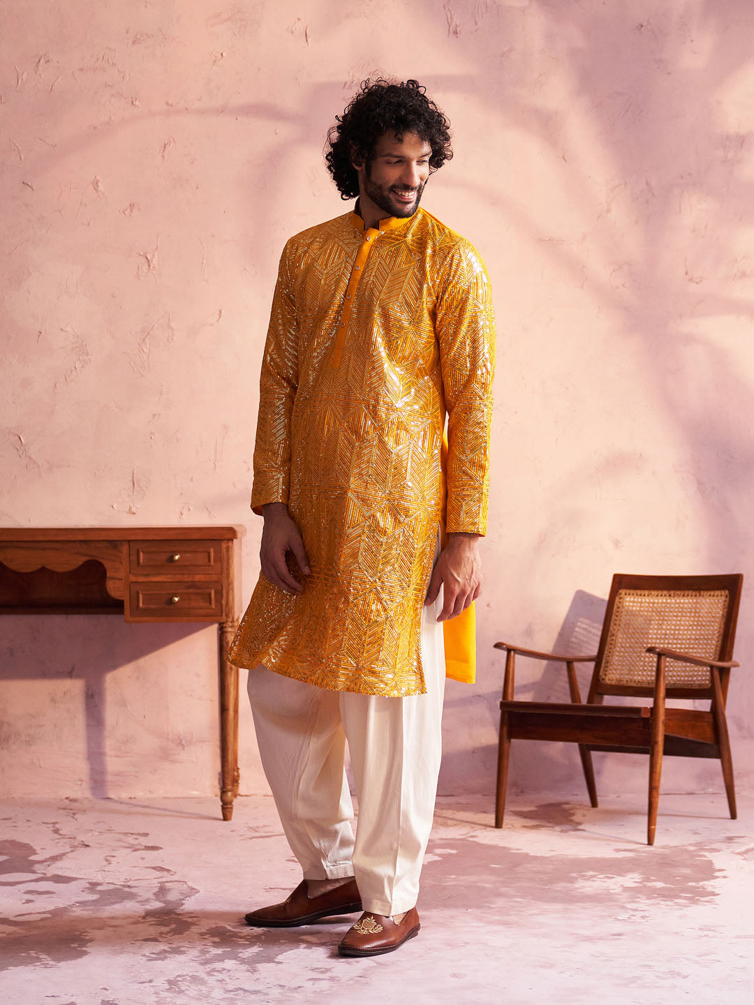 Men's Yellow And Cream Georgette Kurta and Patiala Set