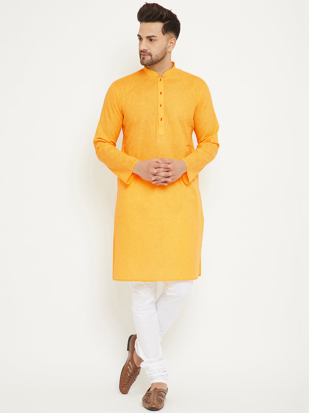 Men's Yellow And White Cotton Blend Kurta Pyjama Set