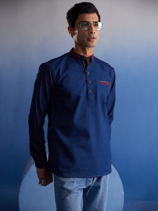 Men's Navy Blue Denim Short Kurta