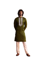 Men's Mehendi Green And Cream Moonga Silk Kurta Pyjama Set