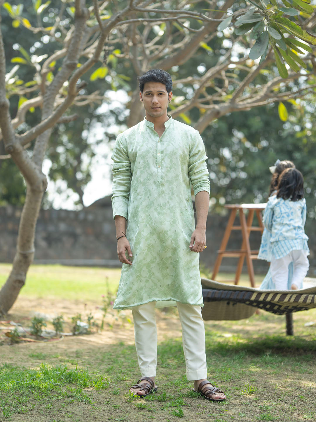 Men's Mint Green And Cream Silk Blend Kurta Pyjama Set