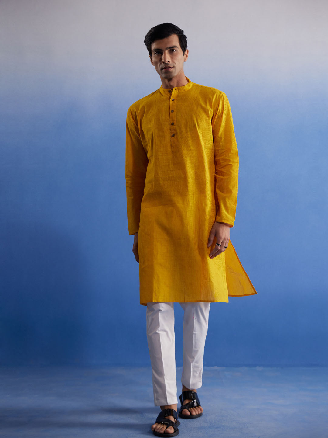 Men's Mustard And White Pure Cotton Kurta Pyjama Set