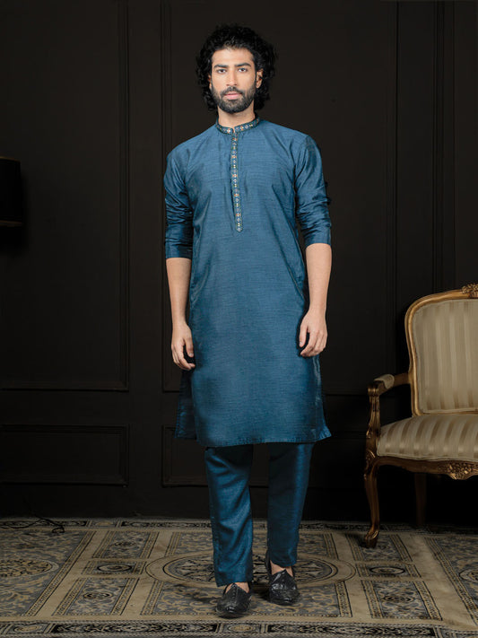 Men's Turquoise Dupion Silk Kurta and Pyjama Set