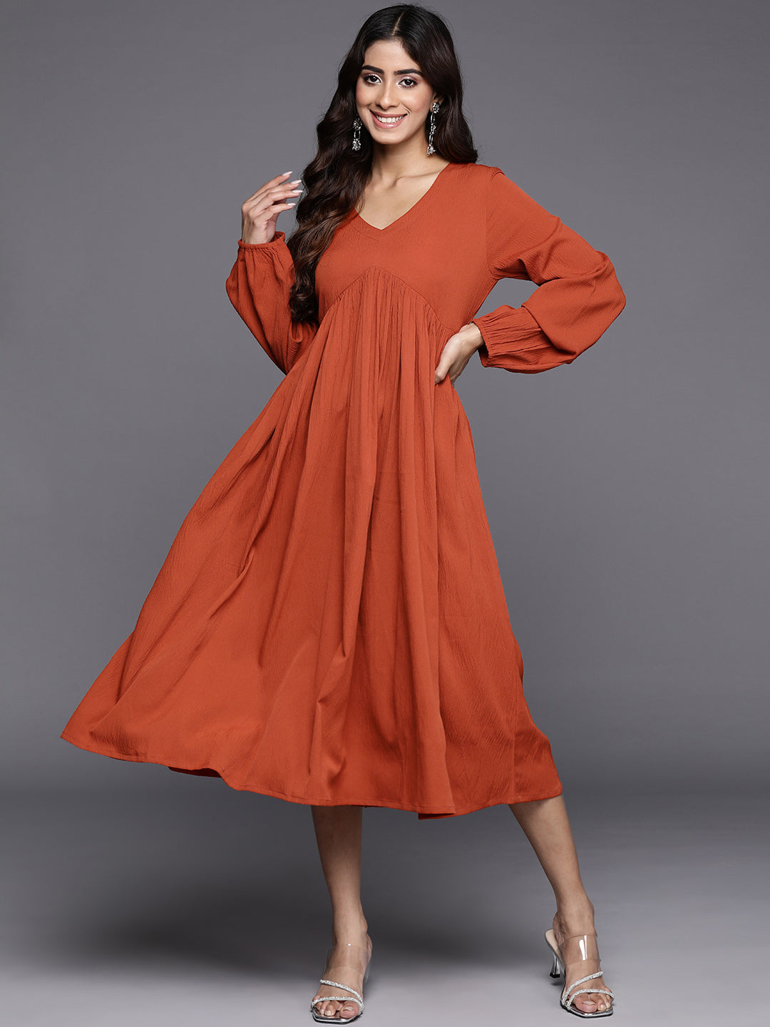 Varanga Women Rust V-Neck, Bishop Sleeves, Gathered Details  Calf Length A-Line Dress, Flared Hem