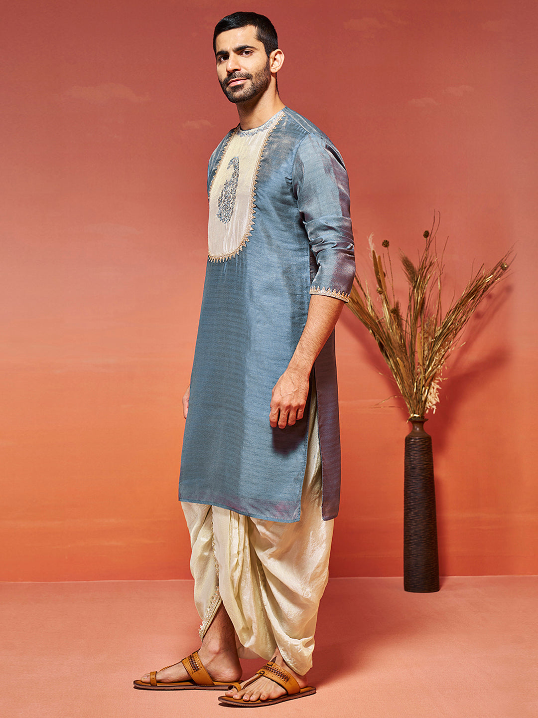 Men's Gray Silk Blend Kurta And Dhoti Set