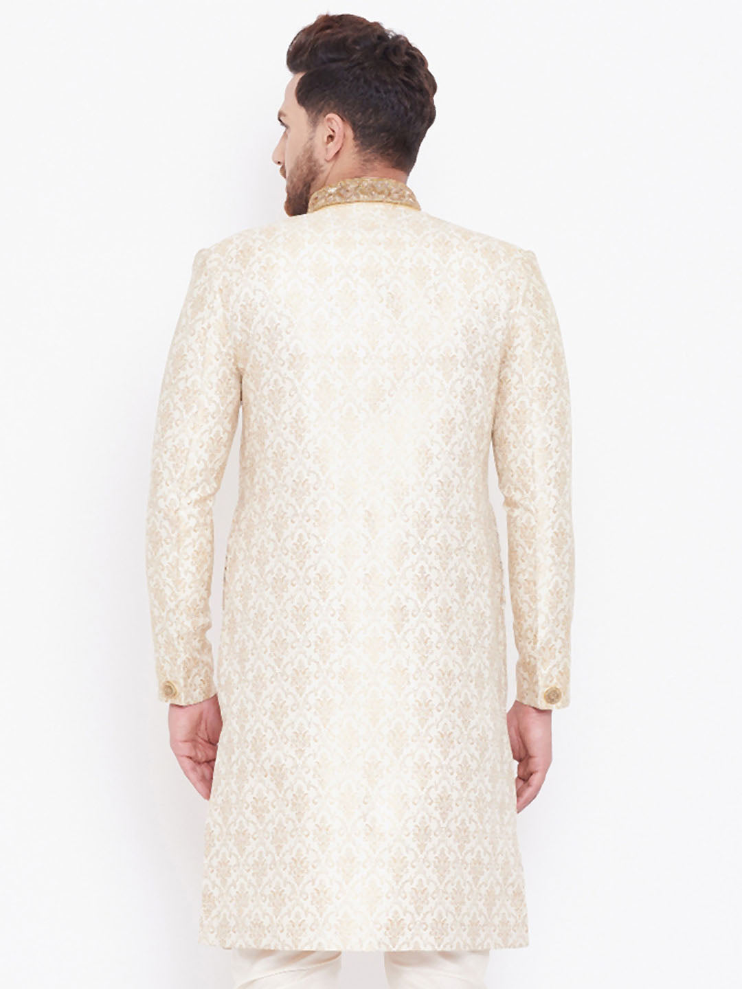 Men's Beige And Gold Silk Blend Sherwani Only Top