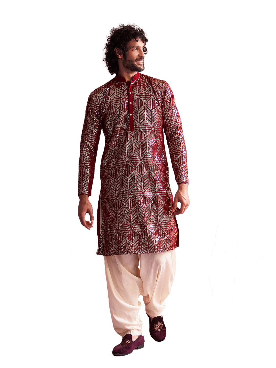 Men's Maroon And Cream Georgette Kurta and Patiala Set