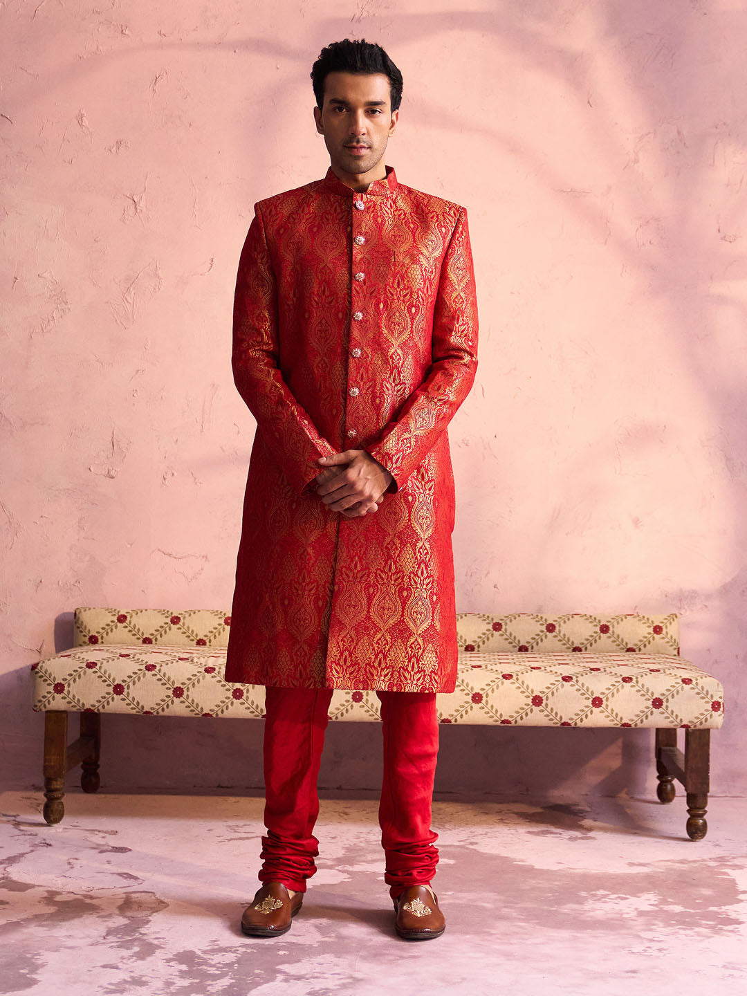 Men's Red Silk Blend Sherwani Only Top