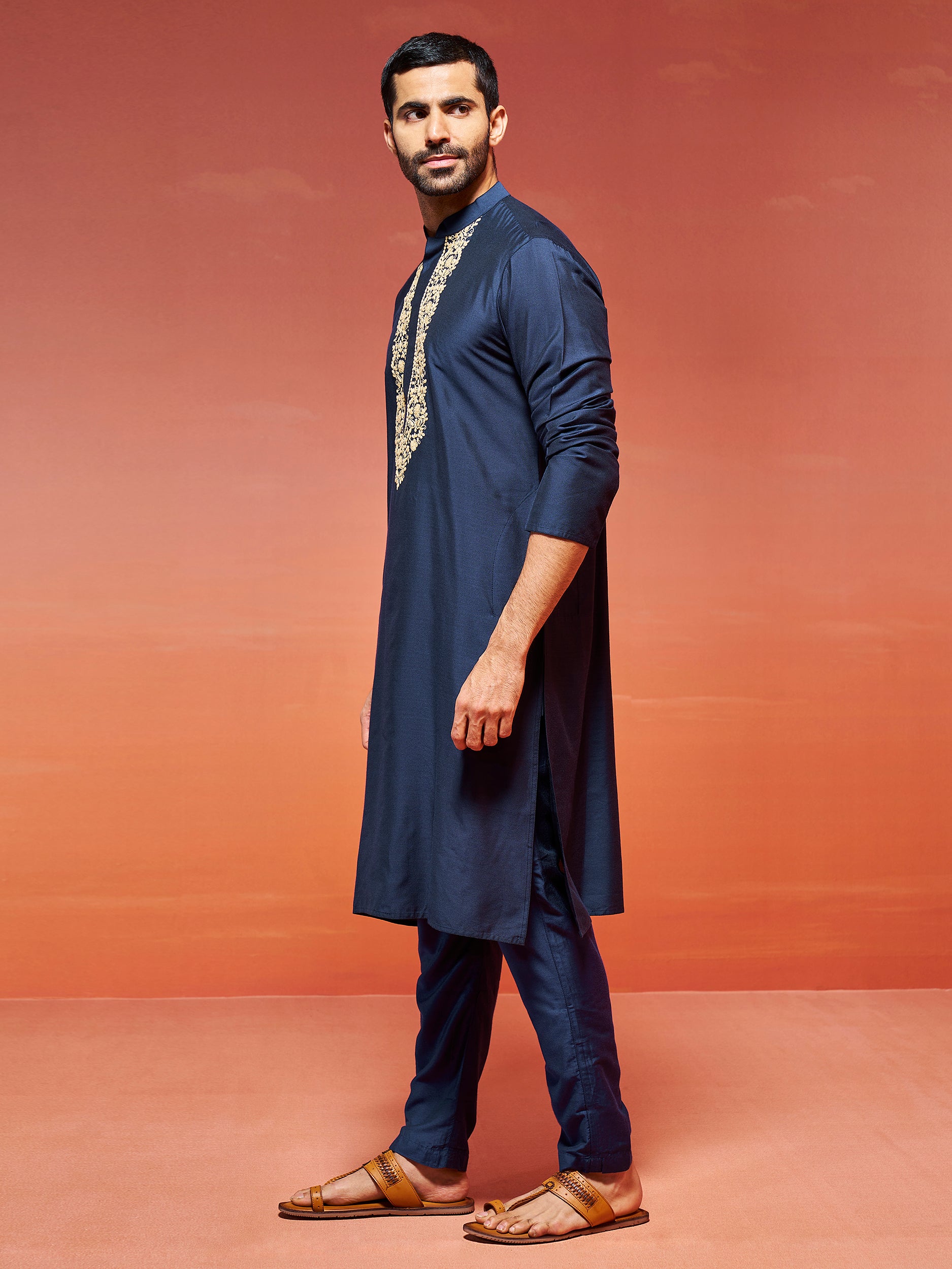 Men's Navy Blue Viscose Kurta And Pyjama Set