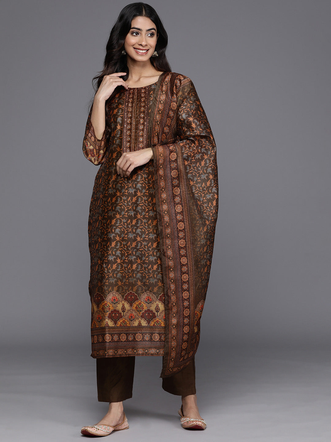 Women Brown Ethnic Motif Placket Embroidered Straight Kurta Paired With Tonal Solid Bottom And Printed Dupatta