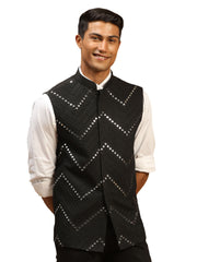 Men's Black Mirror Work Nehru Jacket