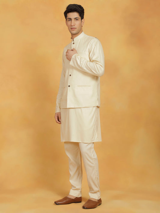 Men's Cream Linen Cotton Jacket, Kurta and Pyjama Set