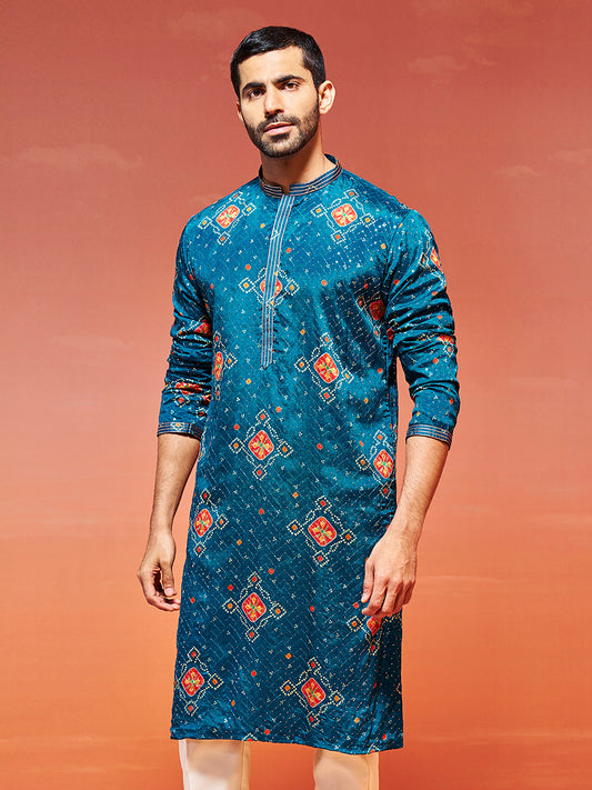 Men's Turquoise Chinon Kurta