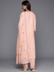 Women Peach Thread And Sequins  Embroidered Kurta With Tonal Bottom And Dupatta