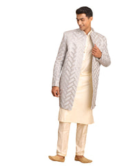 Men's Aqua And Cream Silk Blend Ethnic Combo Set