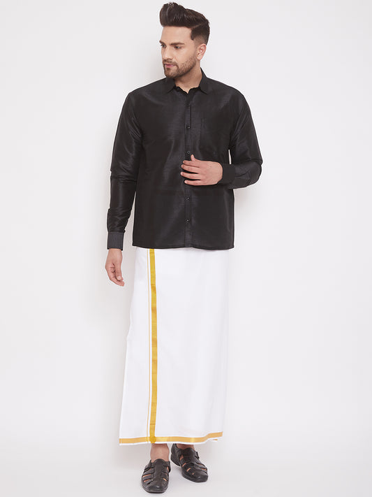 Men's Black and White Silk Blend Shirt And Mundu