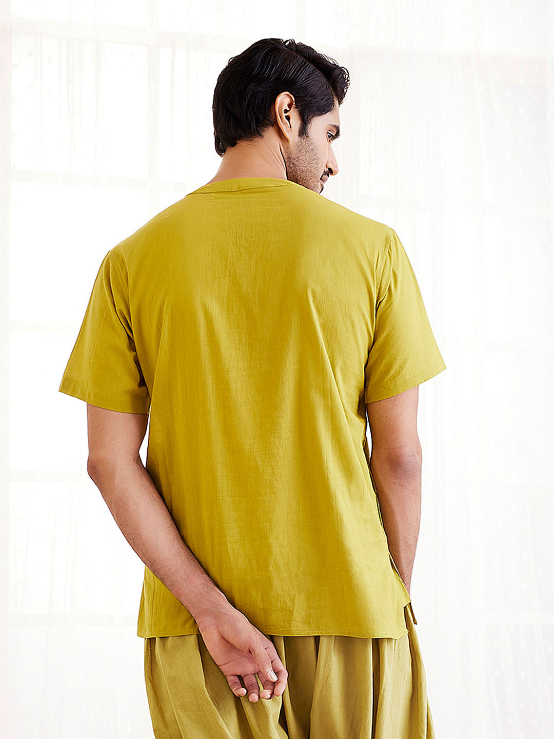 Men's Olive Green Cotton Short Kurta