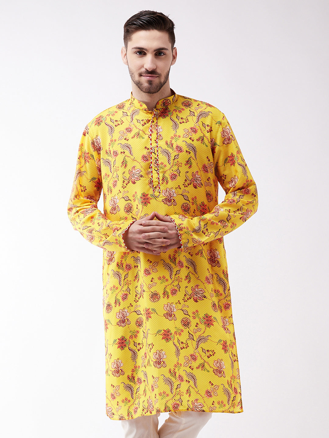 Men's Floral Printed Multicolor-Base-Yellow Silk Blend Kurta