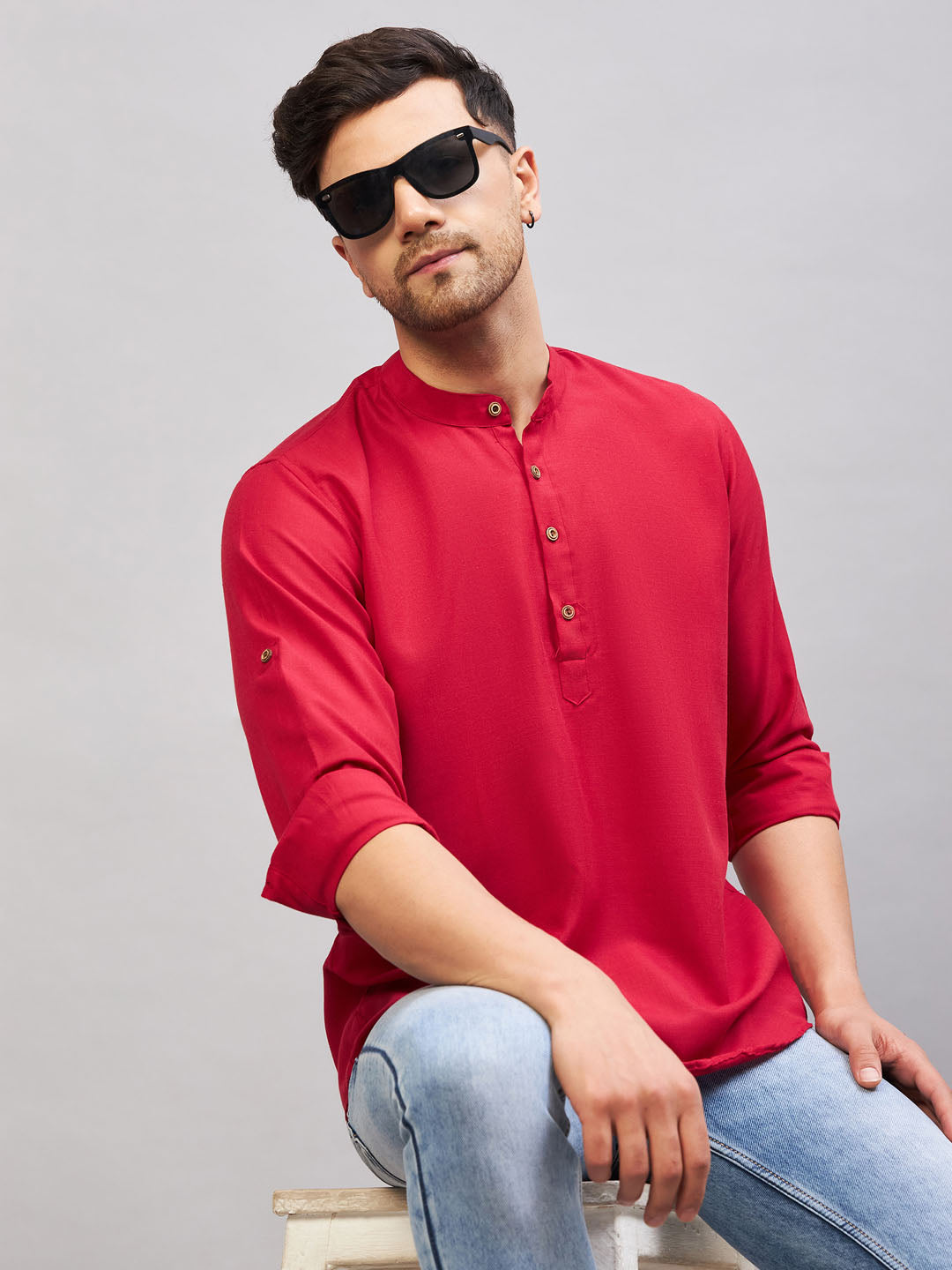 Men's Maroon Cotton Blend Kurta