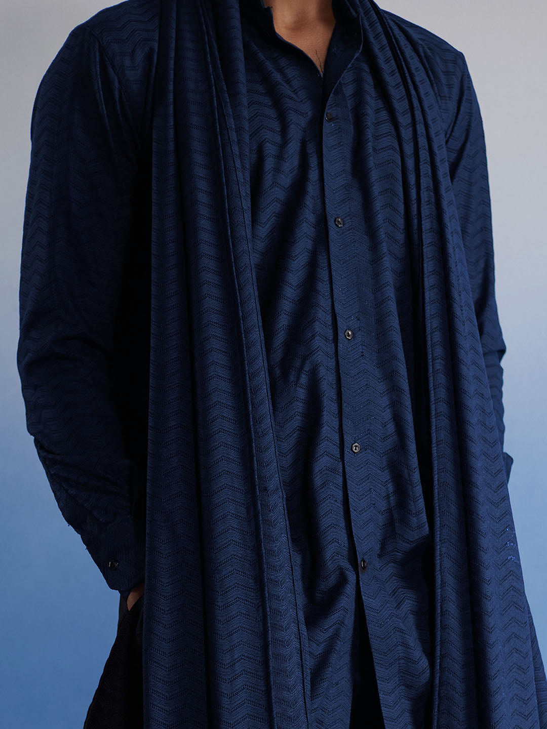 Men's Navy Blue Net Kurta, Pyjama & Dupatta Set