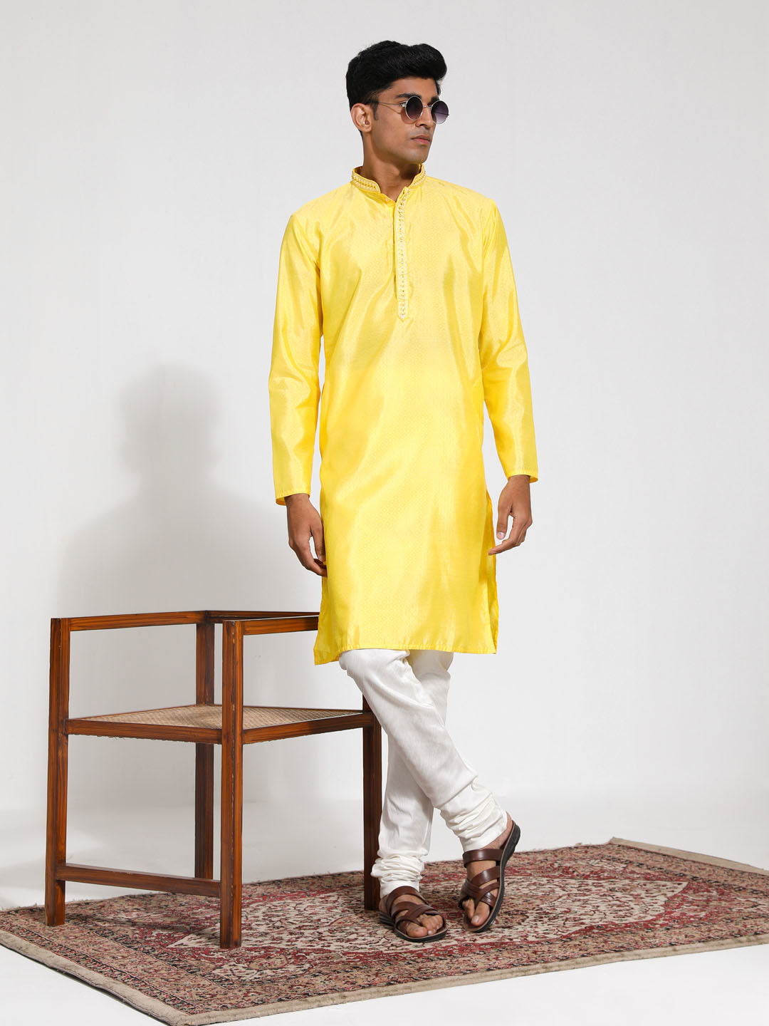 Men's Yellow And Cream Silk Blend Kurta Pyjama Set