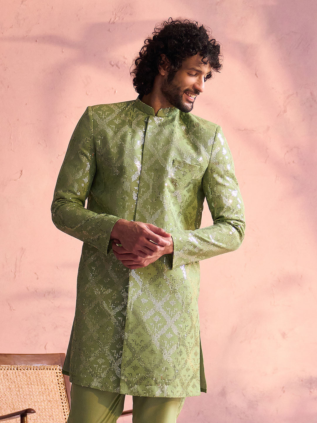 Men's Mint Green Georgette Sherwani Only Top