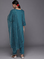 blue yoke embroidered kurta paired with straight pant and organza dupatta