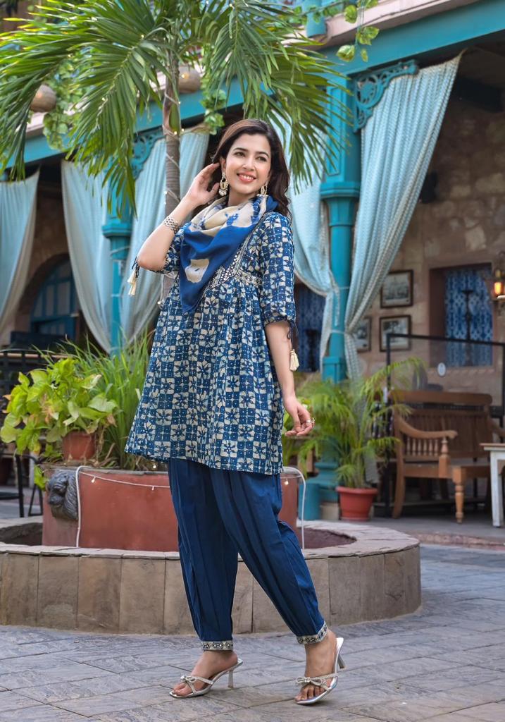 Women Blue Mirror Work Yoke Embroidered A-Line Kurta Paired With Tonal Afghan Bottom And With Dupatta